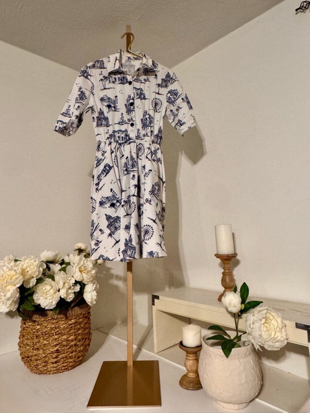 Maje White Dress with Navy Scenic Print